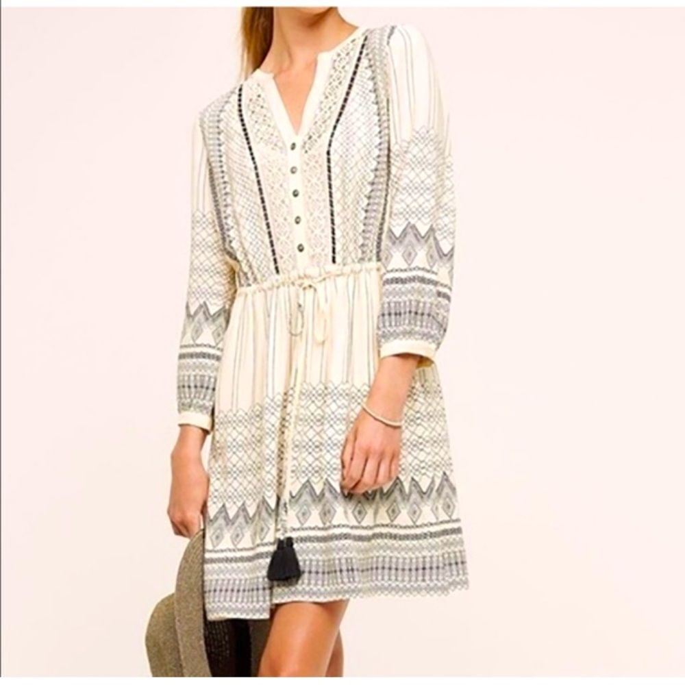 Anthropologie Cream and Gray Embroidered Boho Dress